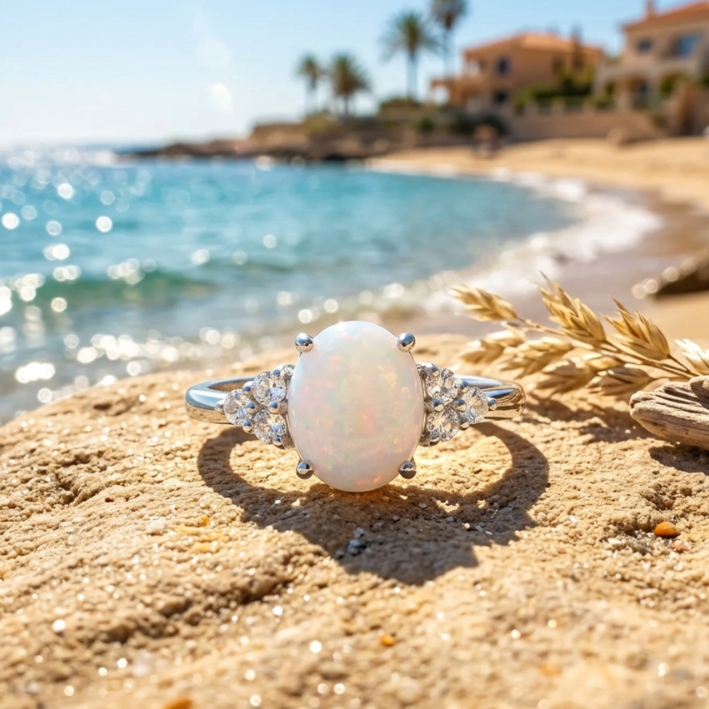 Genuine Australian Opal Ring 925 Rhodium Silver White Topaz Halo 7x9mm Size 5-11