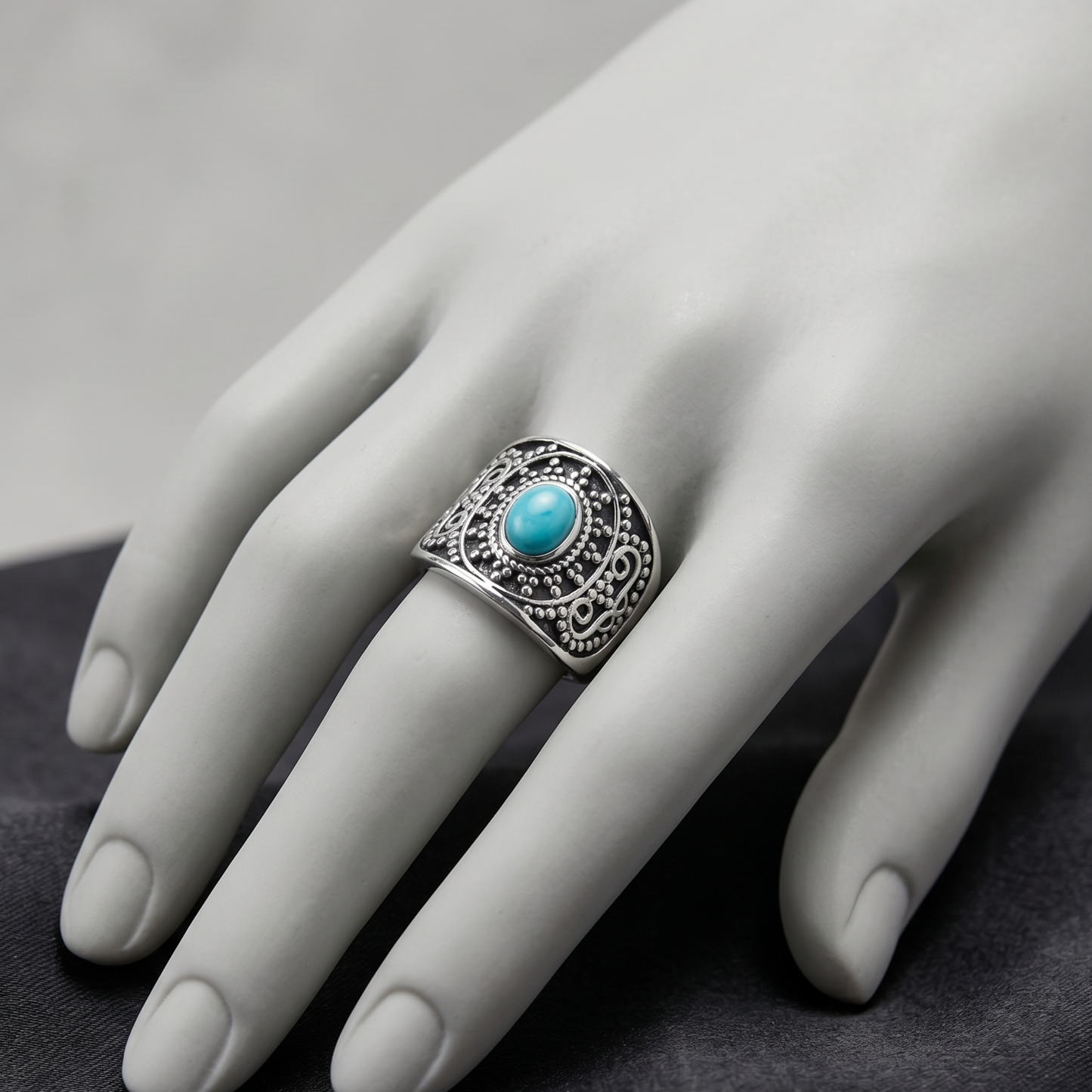 East Meets West Turquoise Oxidized Silver Ring 925 Beaded Wide Band Sizes 6-9