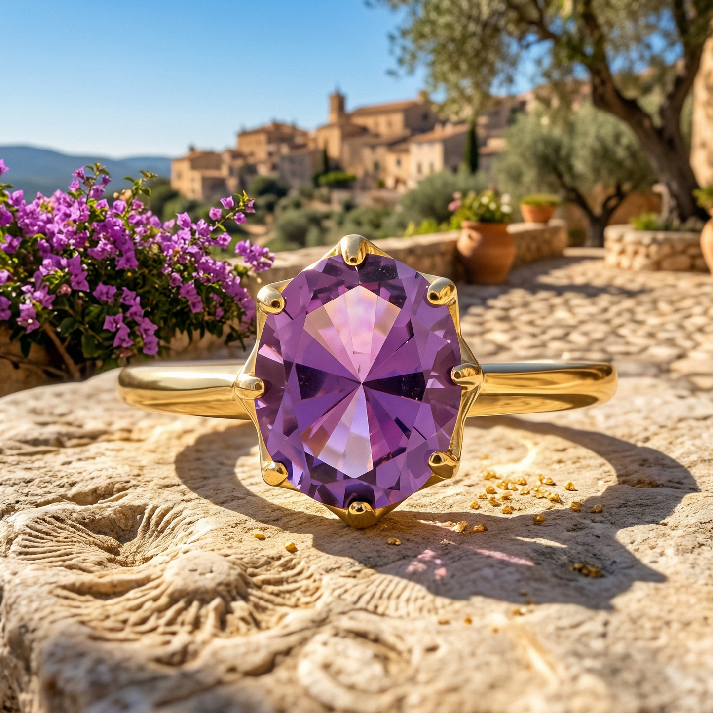 Precision Cut Amethyst Ring 14K Gold 10x8mm Openwork Setting Sizes 6-8