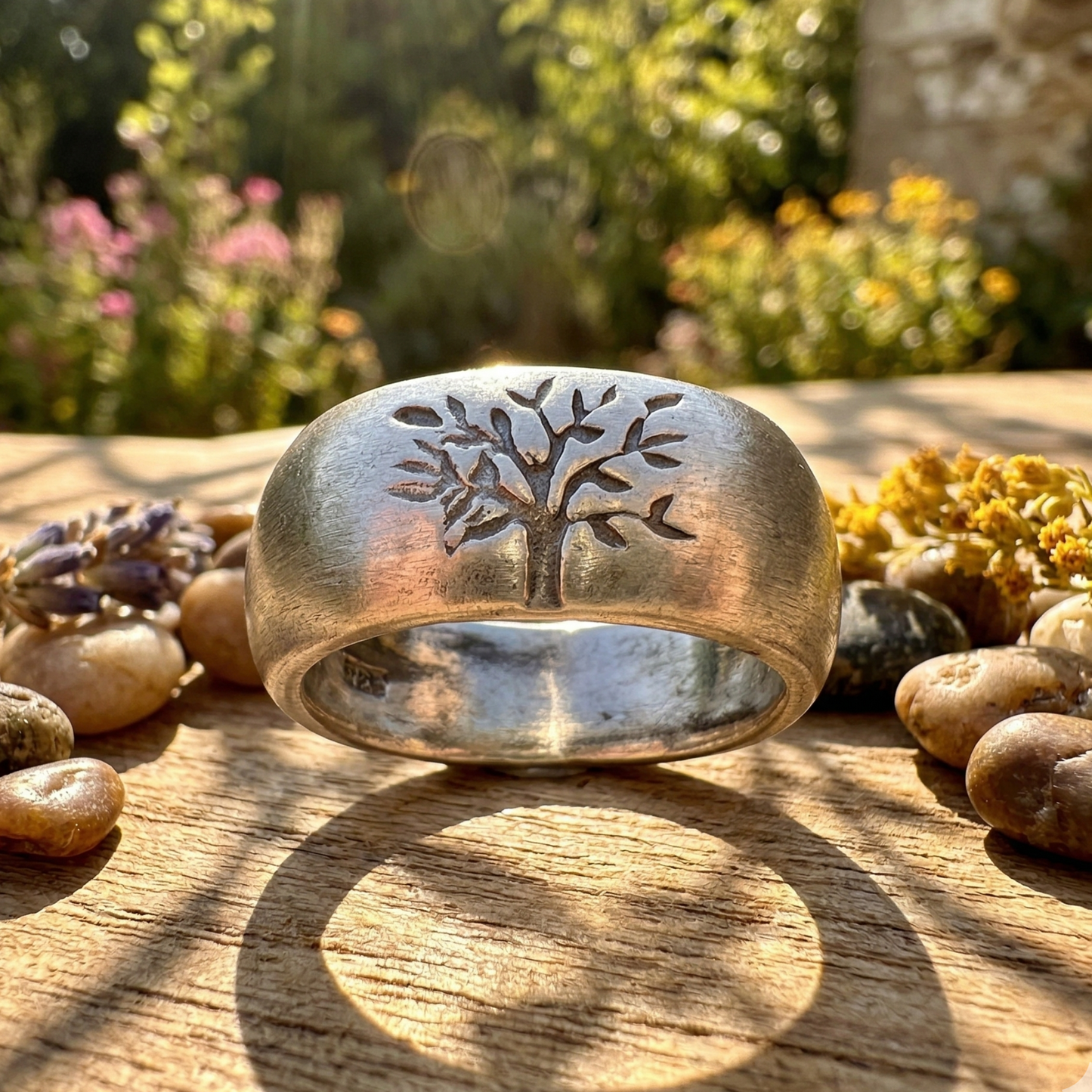 Oxidized Tree of Life Ring 925 Sterling Silver 9mm Wide Sizes 6-9