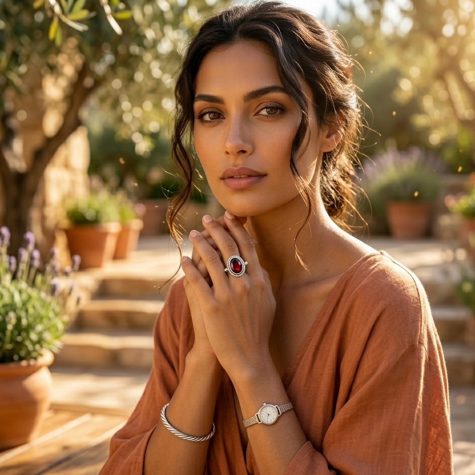 Woman wearing a ring and watch outdoors with plants in the background