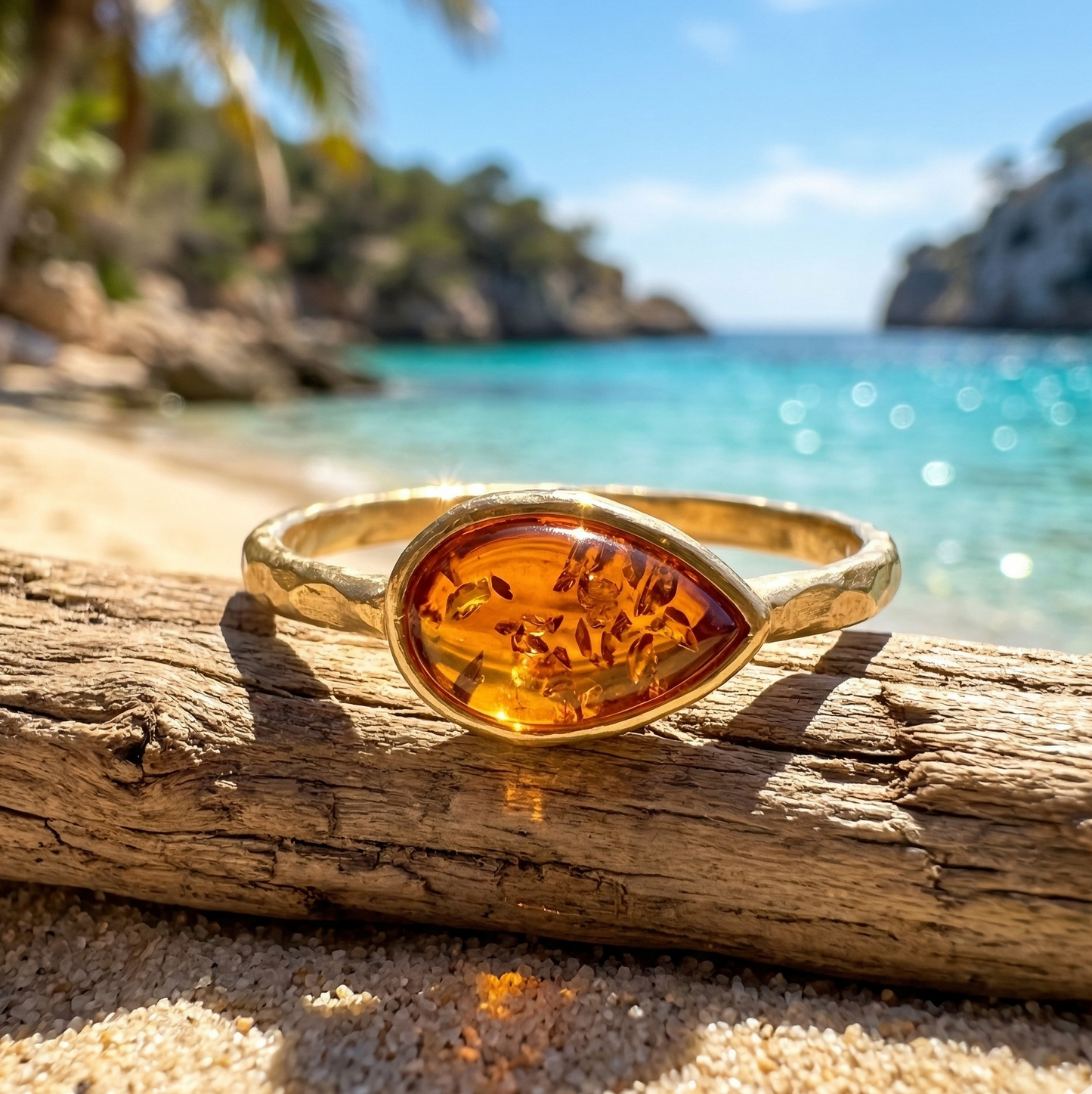 24K Gold Plated Pear Baltic Amber Ring 925 Silver Textured 5.5x10.7mm Sizes 5-9