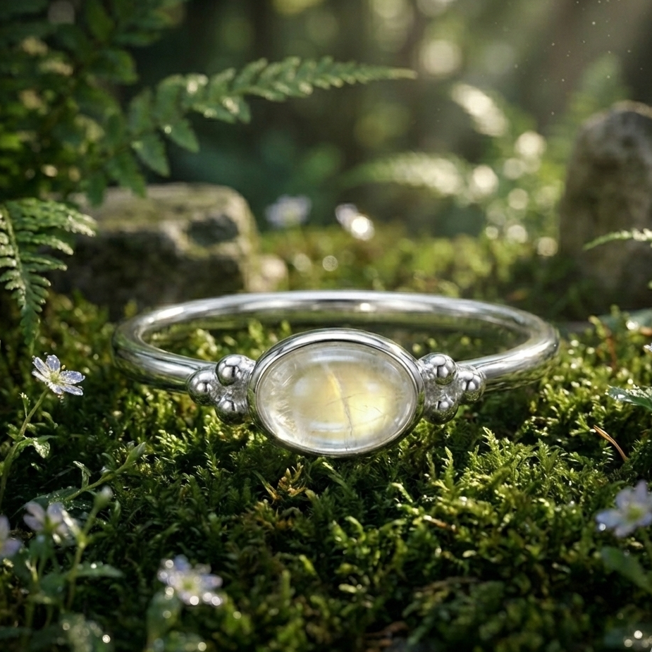 Rainbow Moonstone Ring - Sterling Silver Dainty Oval Statement Jewelry