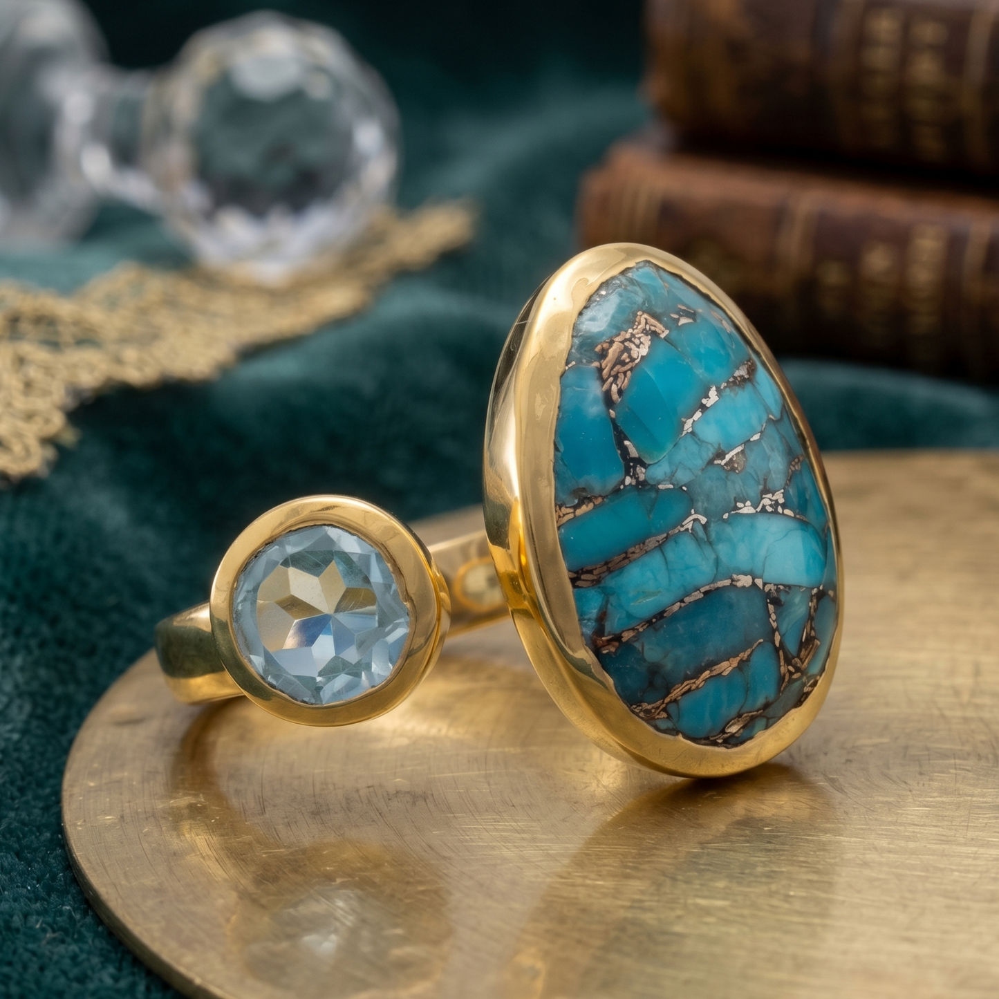 Blue Topaz and Turquoise Ring 925 14K Gold Plated Oval Copper Stone Sizes 5-9