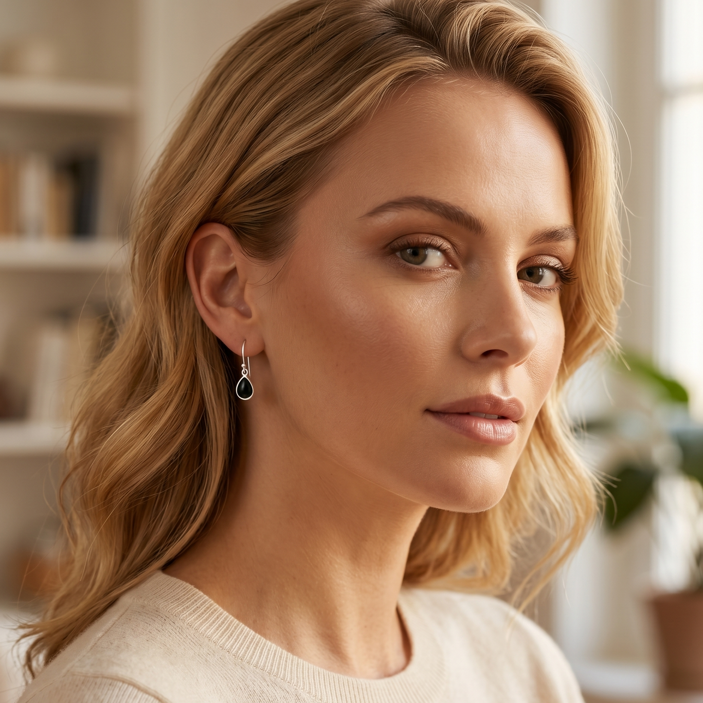 Woman wearing a beige sweater with a blurred indoor background