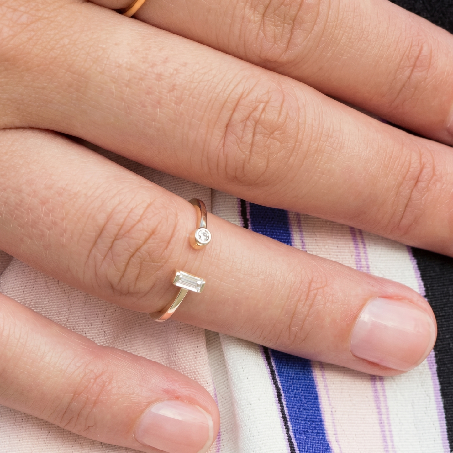 Round and Baguette CZ Open Ring 925 Gold Silver Delicate Band Sizes 5-9