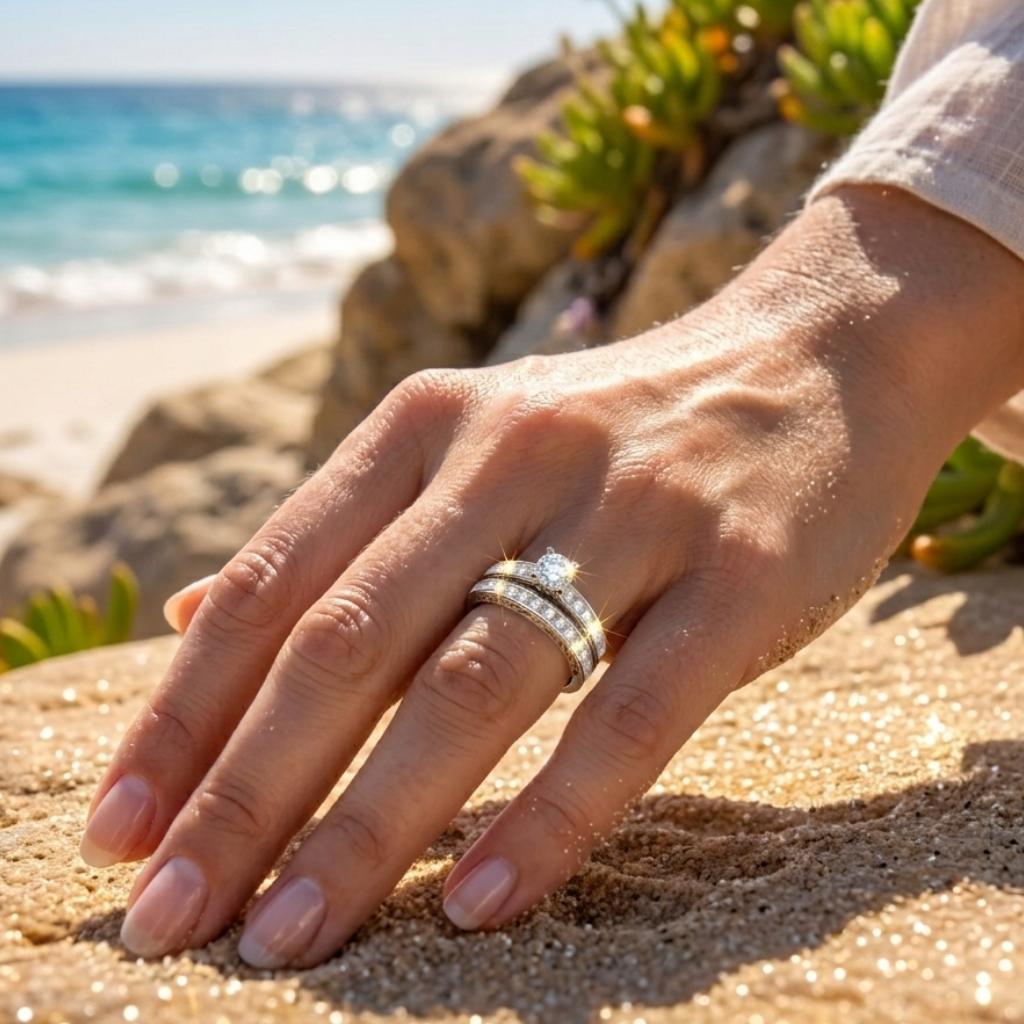 Hand with rings on a sandy beach with ocean in the background