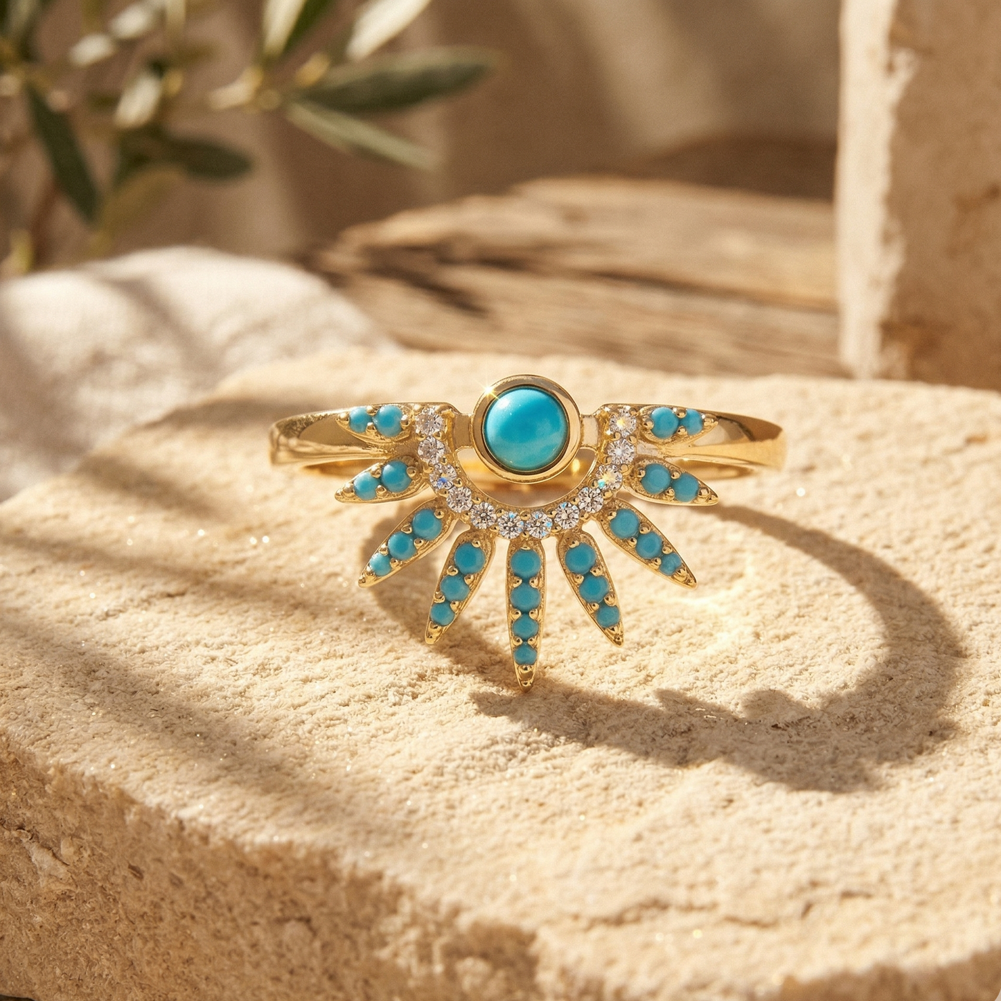 Turquoise CZ Sunray Spike Ring 14K Gold Plated 925 Silver 15.7x12.9mm Sizes 6-9