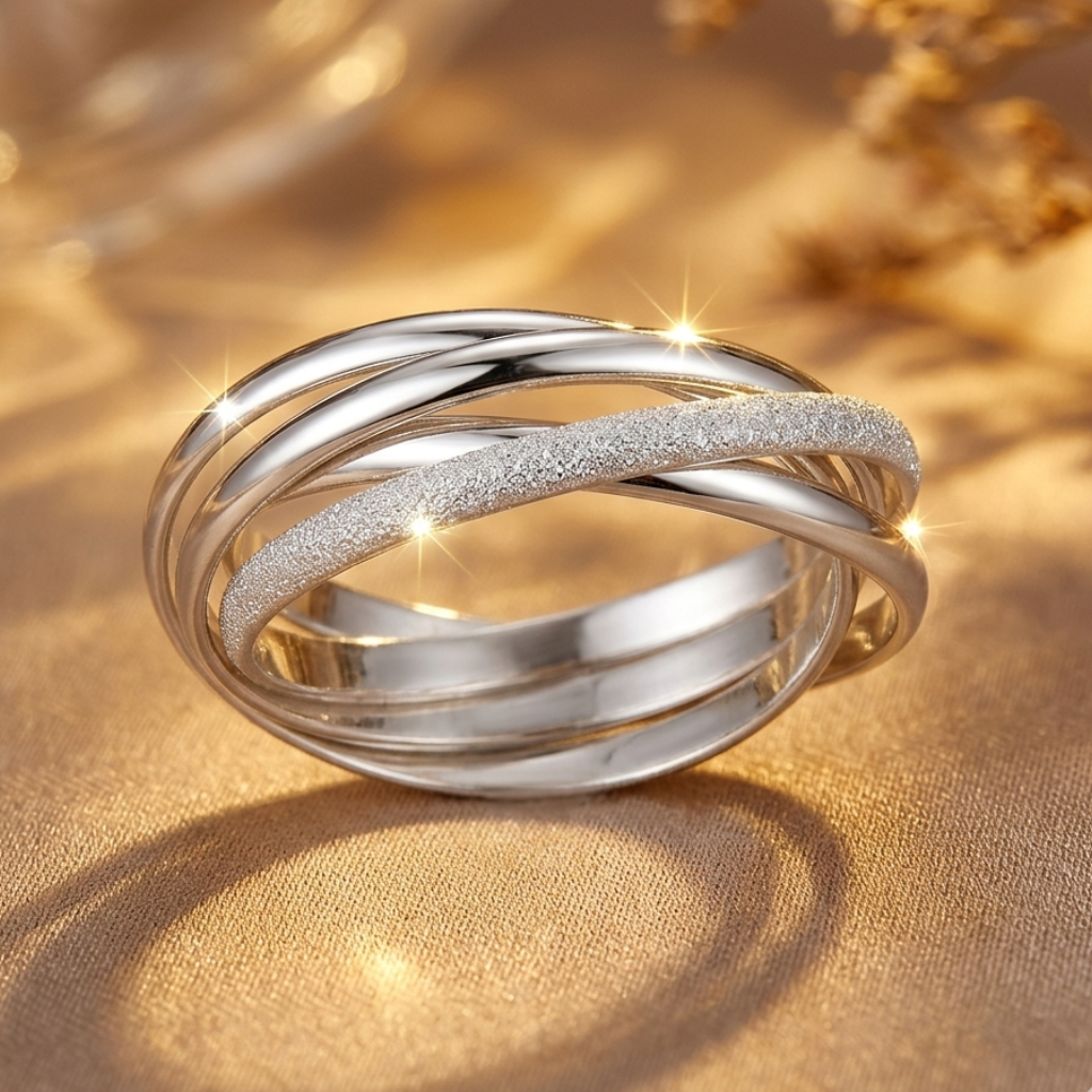 Silver ring with interlocking bands on a gold fabric background