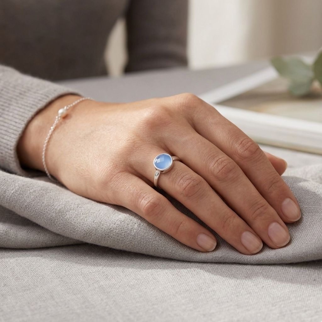 Blue Chalcedony Ring 925 Sterling Silver Faceted 8mm Round Calm Sizes 6-10