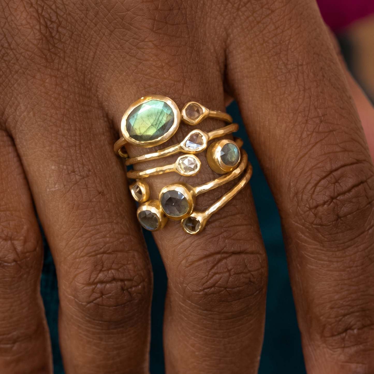 Raw Polki Diamond Labradorite Cluster Ring 925 Gold 0.25ctw Bezel Set Sizes 6-10