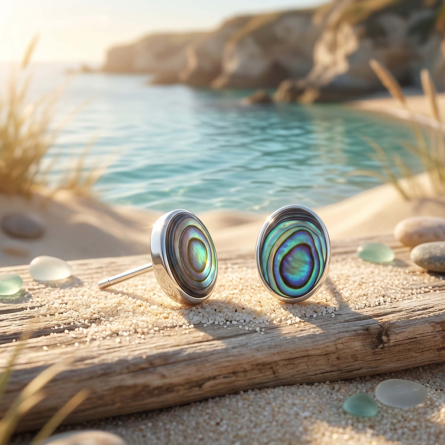Pair of colorful earrings on a wooden plank with a beach background