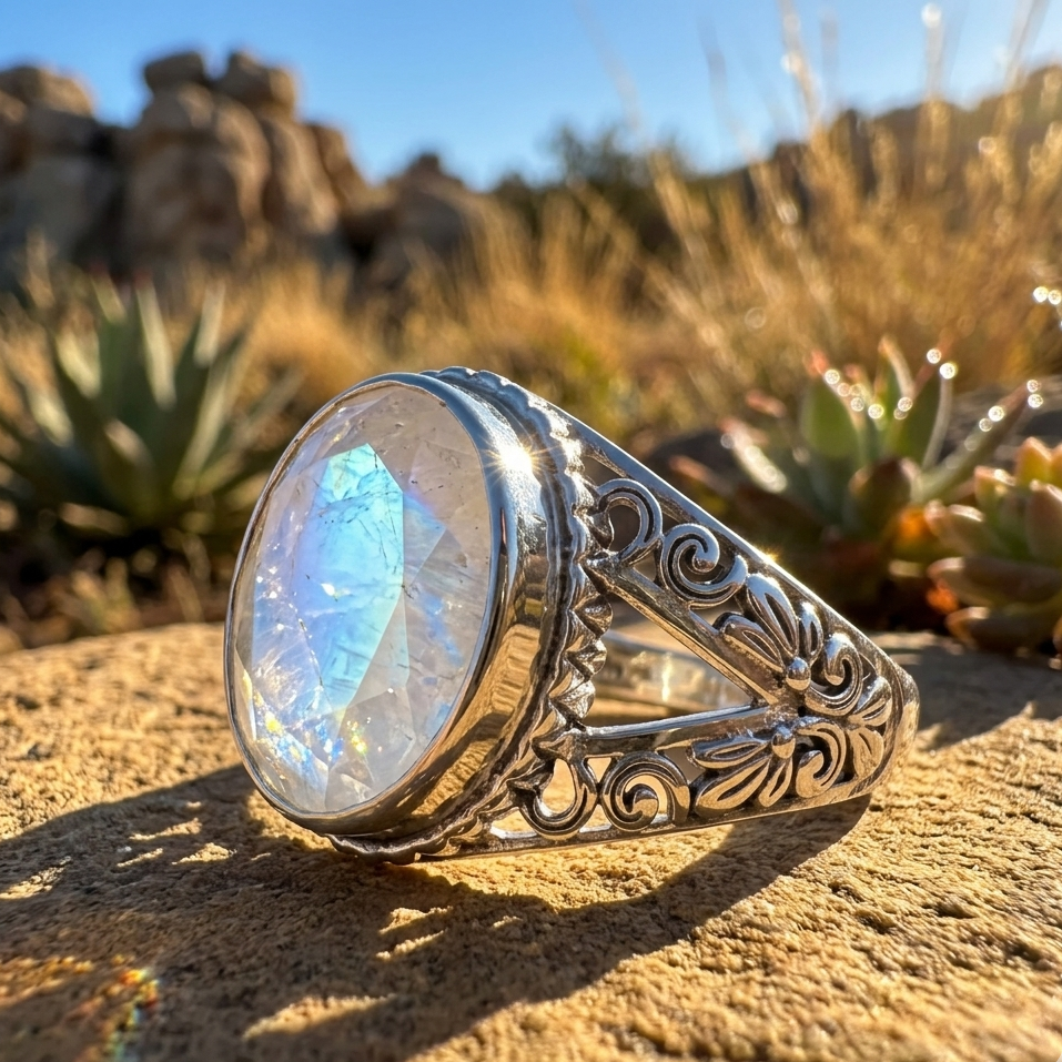 Silver ring with a rainbow moonstone on a rock with plants in the background