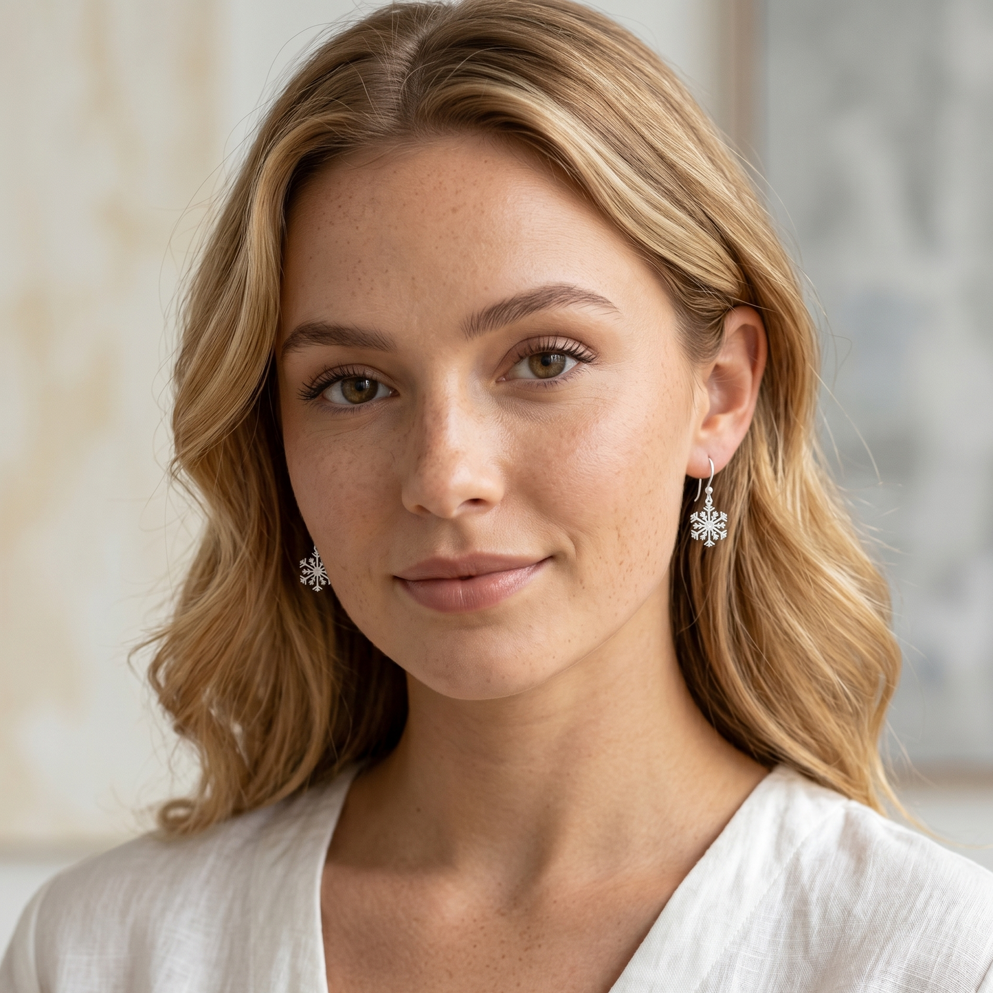 Woman wearing silver earrings with a neutral background