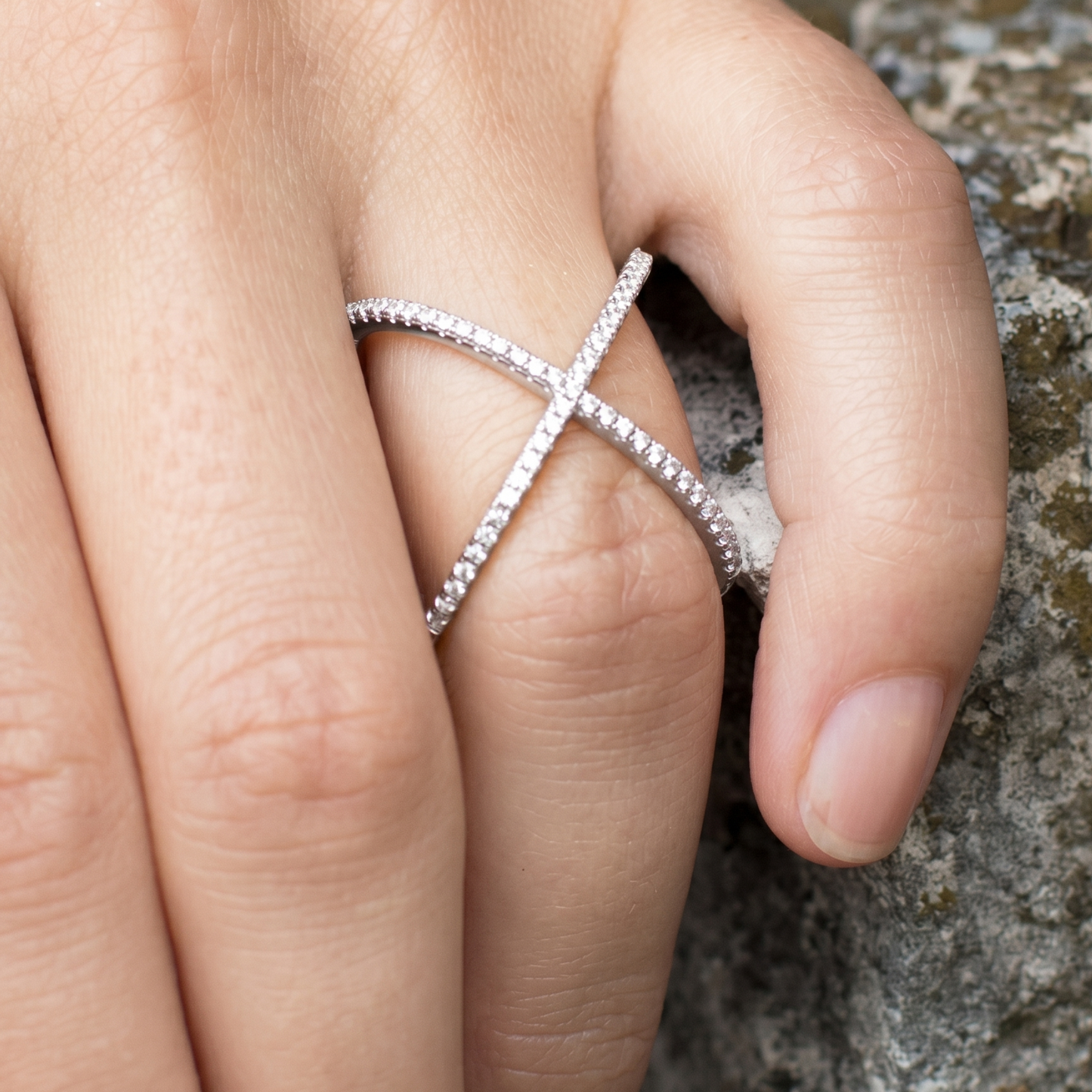 Criss Cross X Ring 925 Rhodium Plated Signity CZ Statement 20mm Sizes 5-9