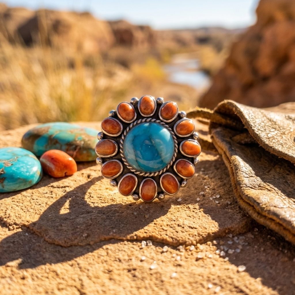 Turquoise stone ring with coral accents on sand with desert landscape in background