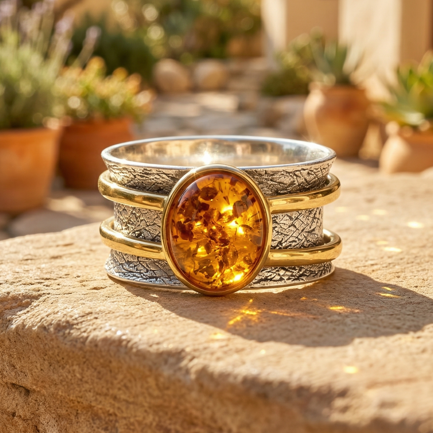 Two Tone Baltic Amber Spinner Ring 925 Silver 14K Gold Plated 11.3mm Sizes 6-9