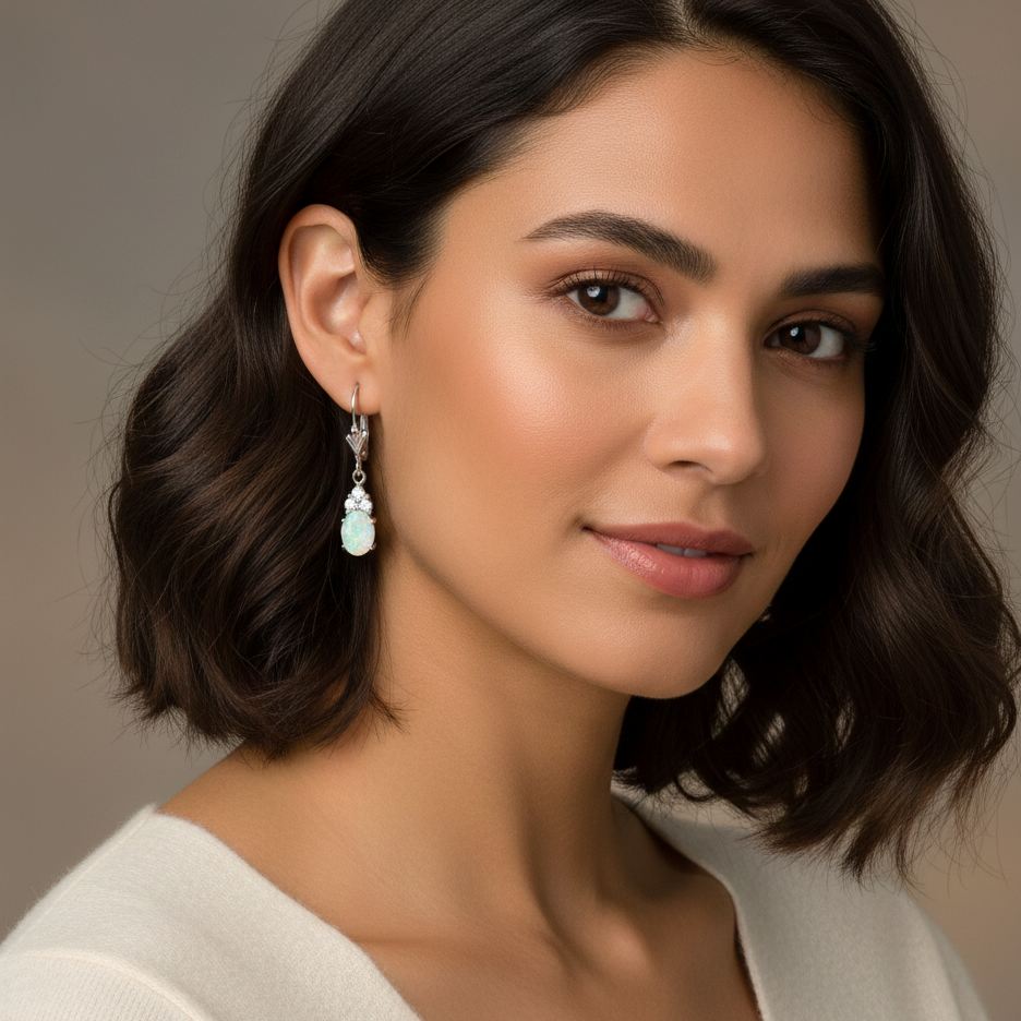 Australian Opal & White Topaz Drop Earrings Rhodium Plated 925 Silver 5x7mm 28mm