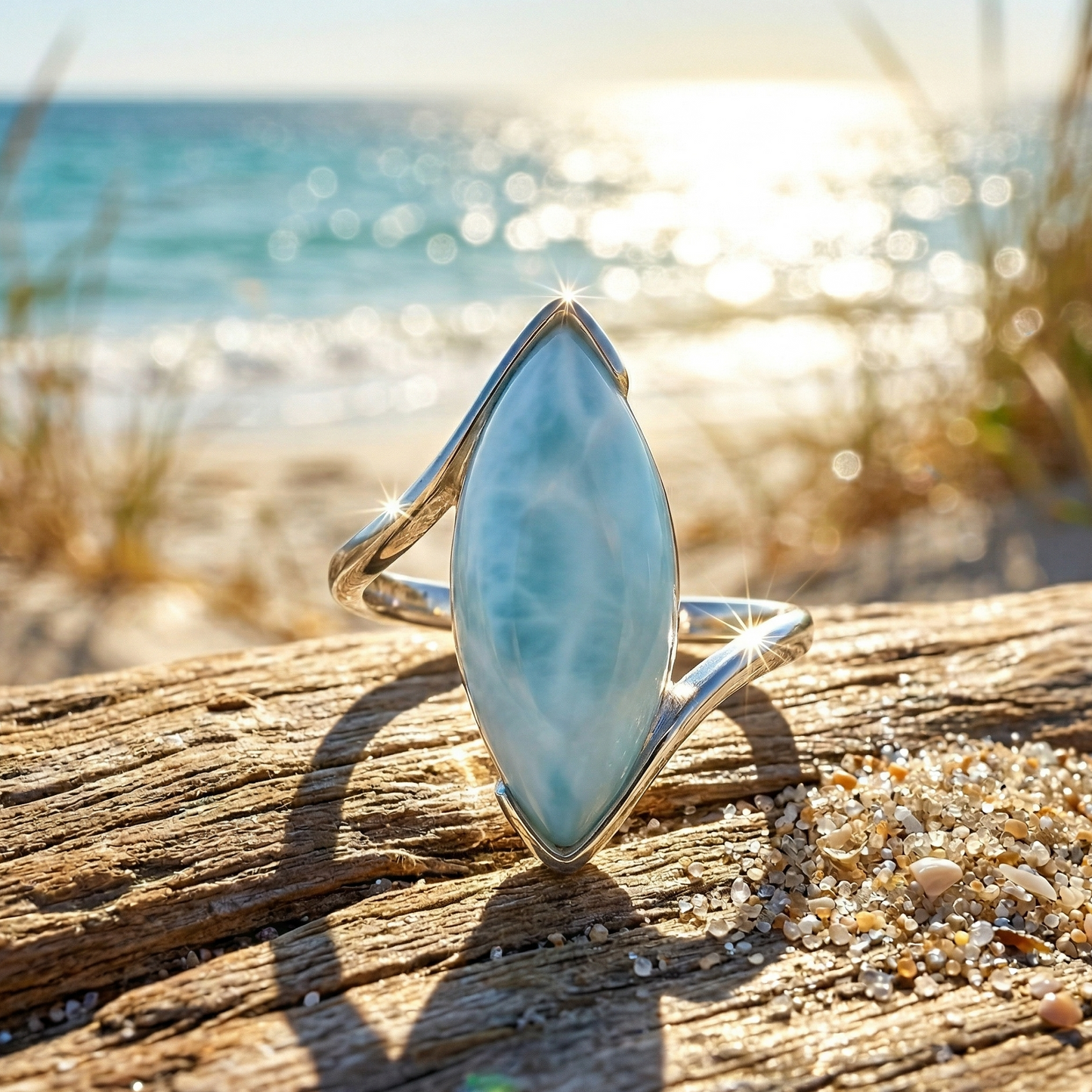 Marquise Larimar Ring Rhodium Plated 925 Sterling Silver 22.5x10mm Sizes 6-9