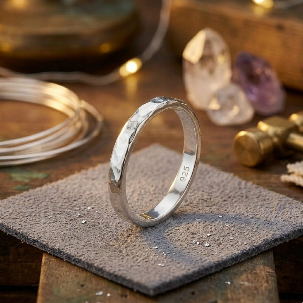 Silver ring on a textured surface with blurred background