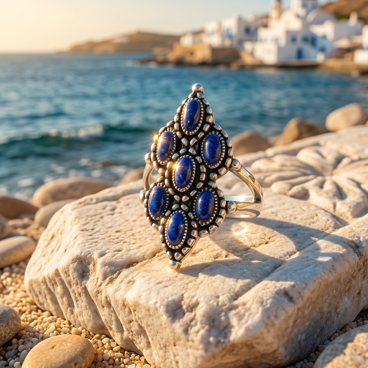 Seven Stars Lapis Ring 925 Oxidized Silver Marquise Split Band Sizes 6-10