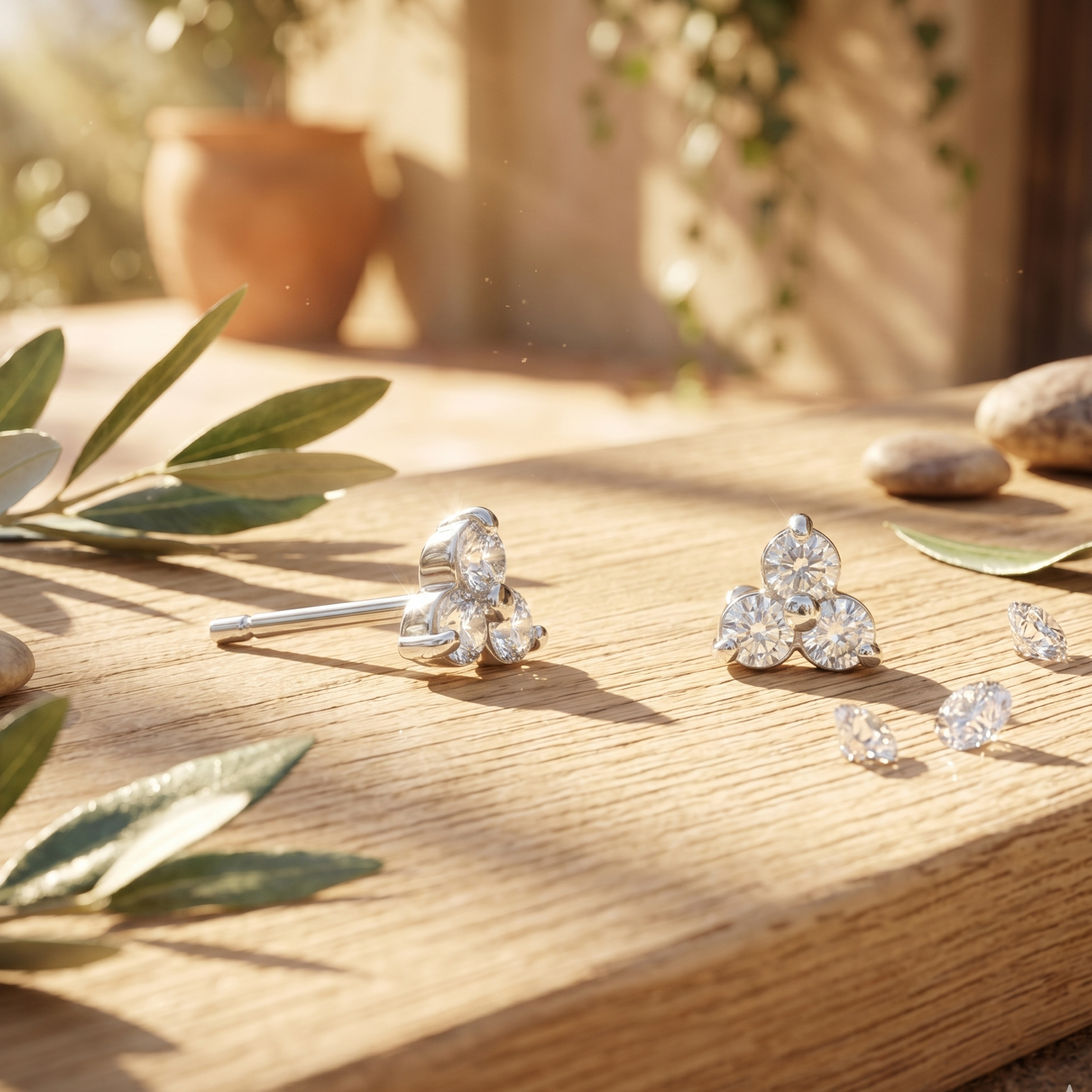 Diamond earrings on a wooden surface with leaves and stones in the background