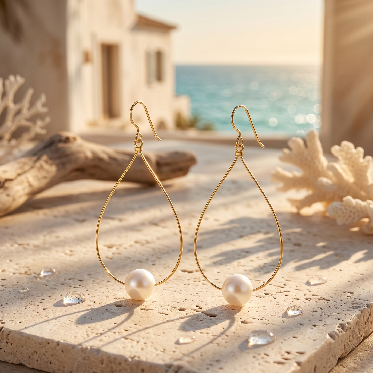 Gold hoop earrings with pearls on a sandy surface with a beach background