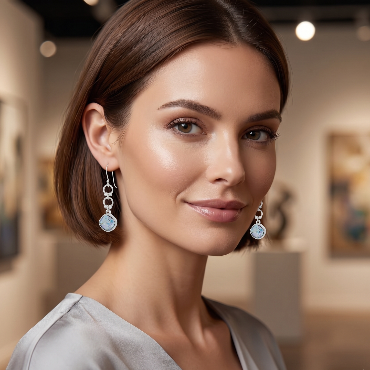 Woman wearing silver earrings in an indoor setting