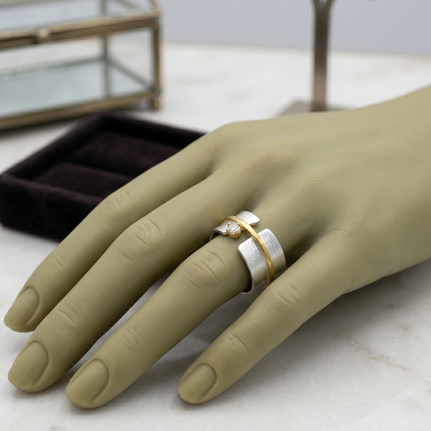 Art Deco Two Tone CZ Ring 925 Silver Satin Split Band Hammered Gold Sizes 5-9