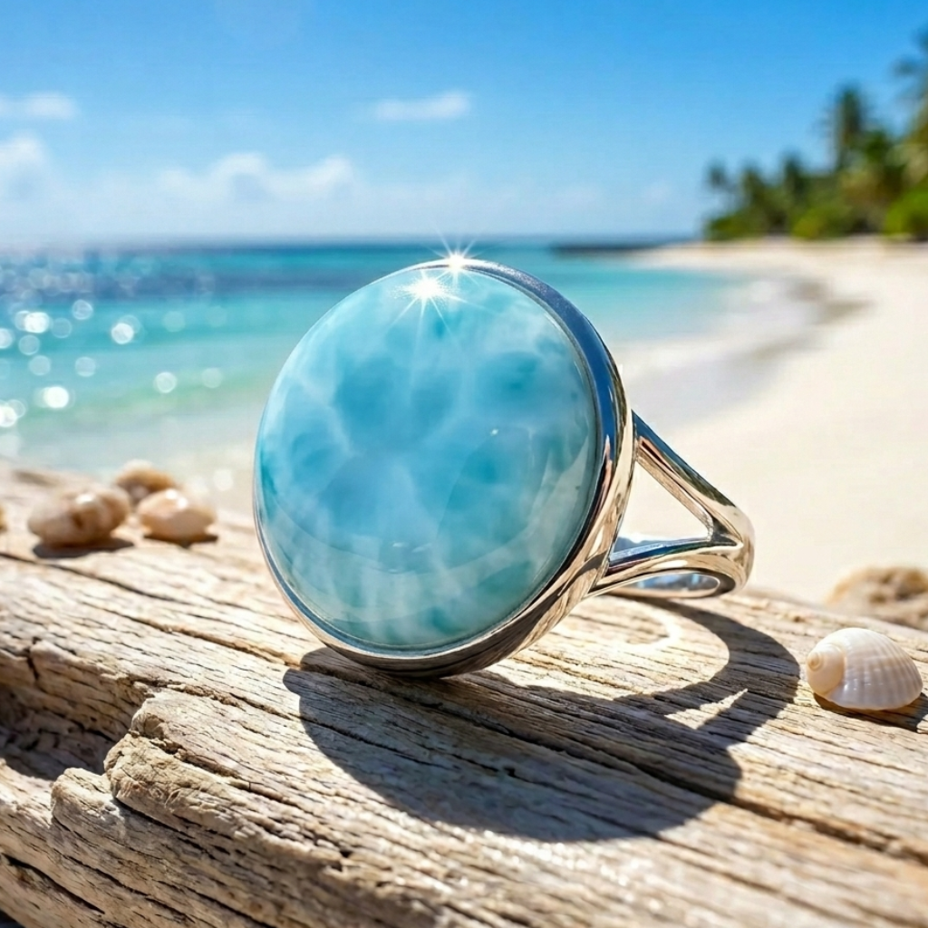 Caribbean Soul Larimar Ring 925 Rhodium Silver 12mm Split Band Sizes 5-11