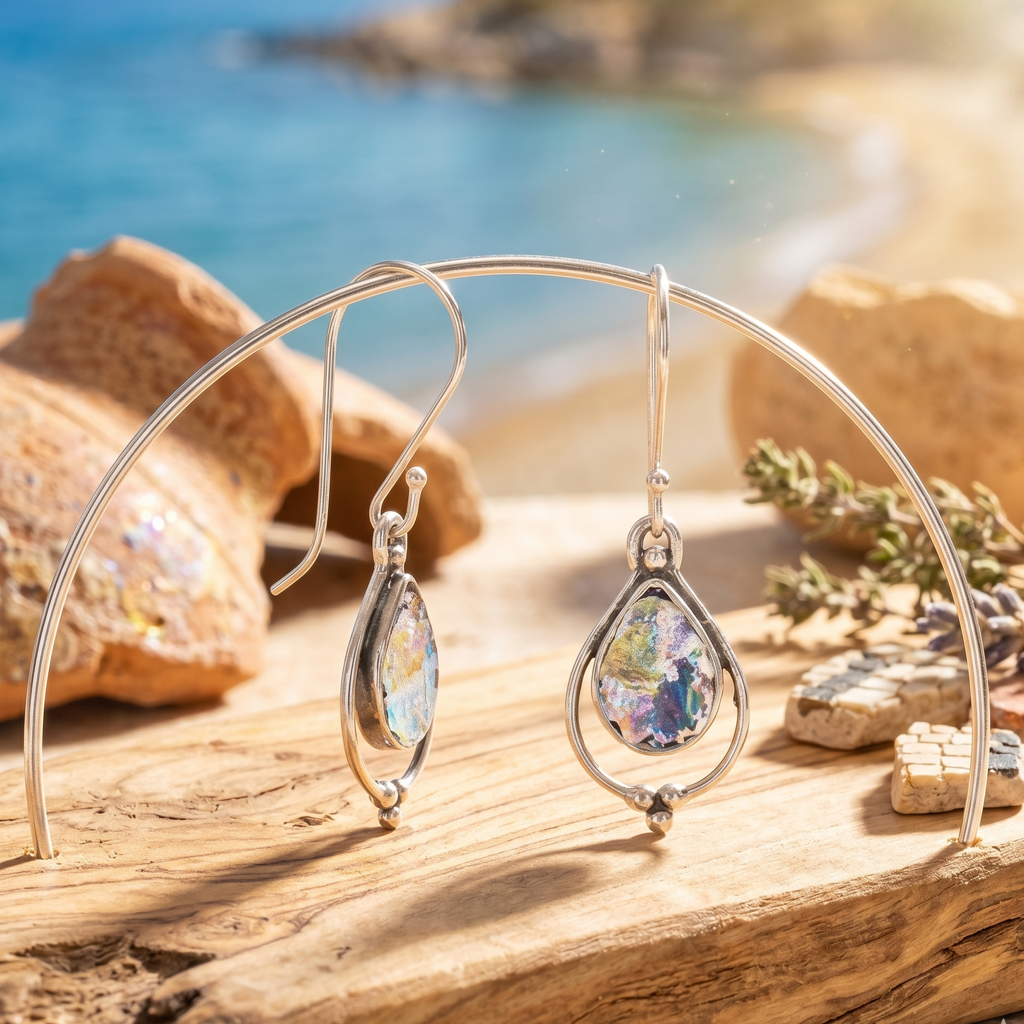 Silver hoop earrings with teardrop-shaped gemstones on a wooden surface with a beach background.