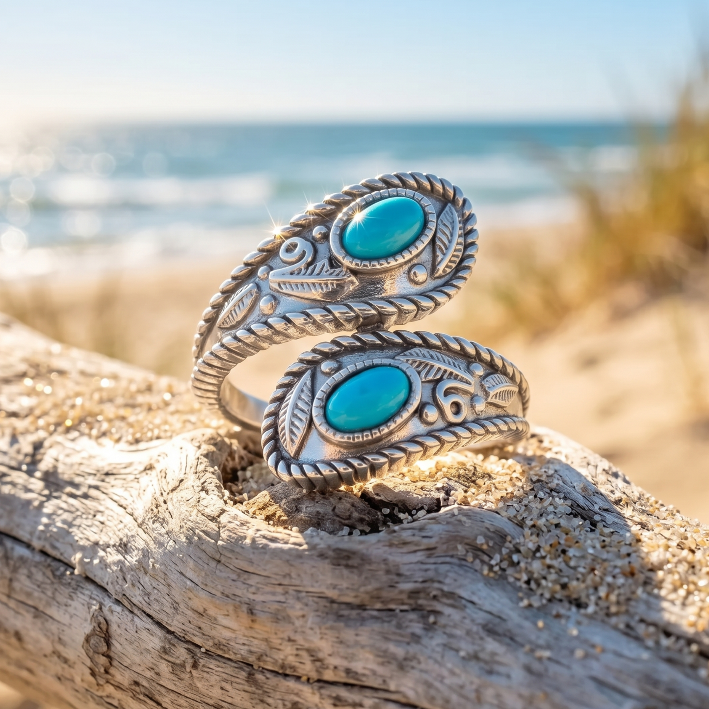Leaf and Rope Turquoise Wrap Ring 925 Rhodium Silver Adjustable Sizes 5-9