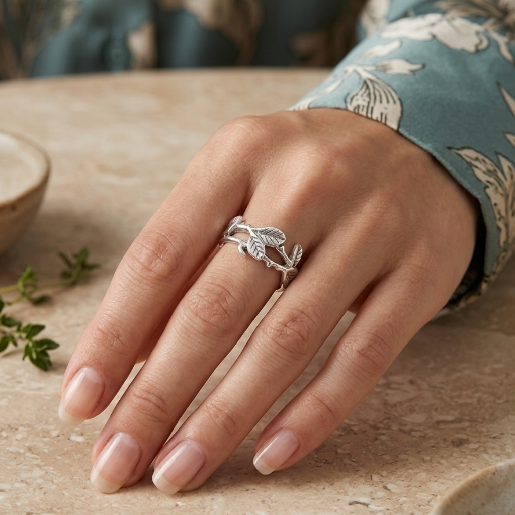 Hand wearing a silver leaf ring on a wooden surface with a blurred background