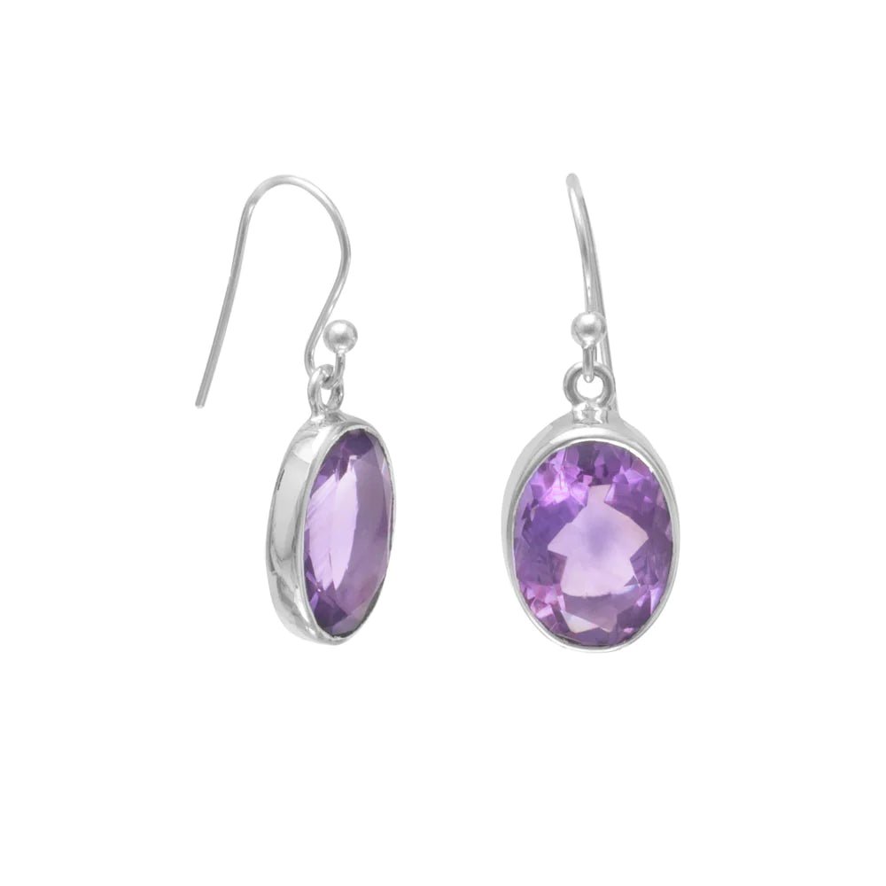 Sterling Silver Oval Faceted Amethyst French Wire Dangle Earrings, 14mm x 10mm, Purple