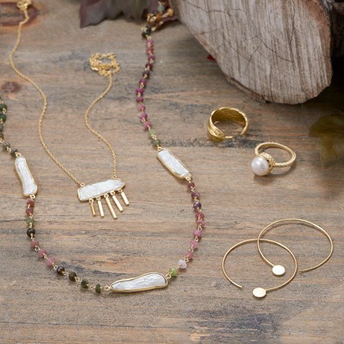 24-Inch 14K Gold Plated Sterling Silver Necklace with Multi-Color Tourmaline Beads, Cultured Freshwater Pearl Accents