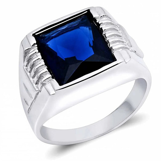 Blue Sapphire CZ Sterling Silver Rhodium Plated Square Ring