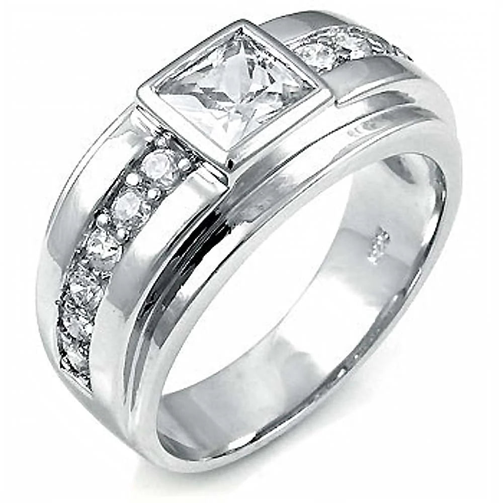 Silver CZ Man Ring w/ Princess & Round Cut Stones