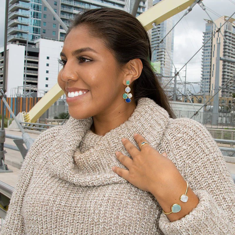 Moonstone and Chalcedony Cuff Bracelet - 14K Gold Plated Sterling Silver Split Design