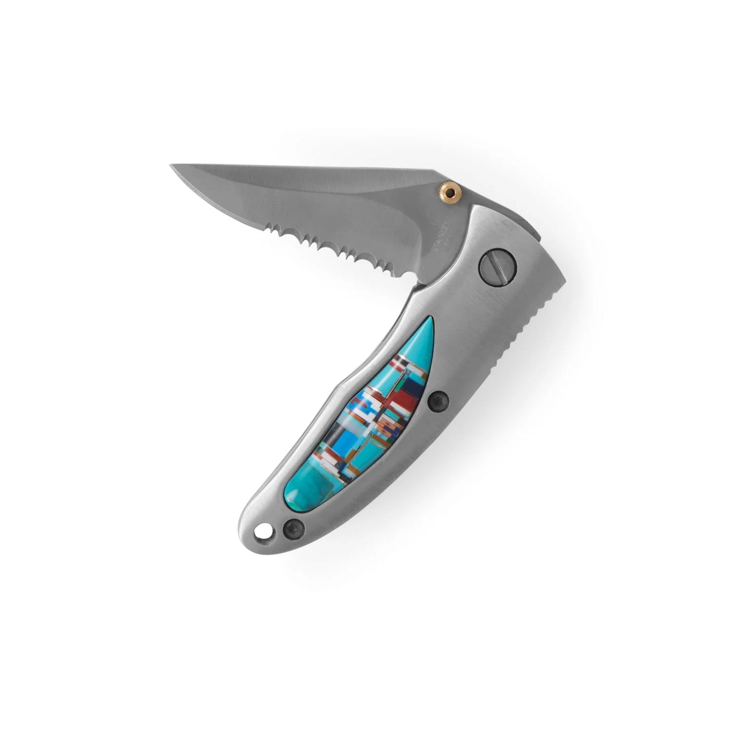 Stainless Steel Pocket Knife with Stone Inlay, 2 Inch Blade, Belt Hook, 25mm x 76mm