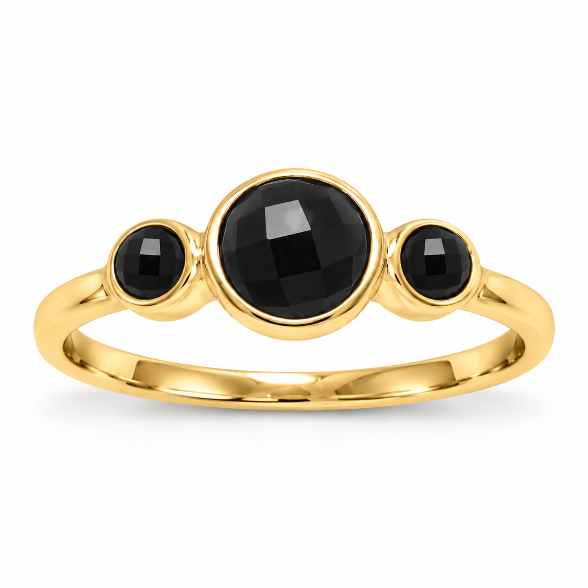 Triple Black Onyx Ring 14K Gold Plated 925 Silver 6mm 3mm Faceted 1.9mm Sizes 6-10