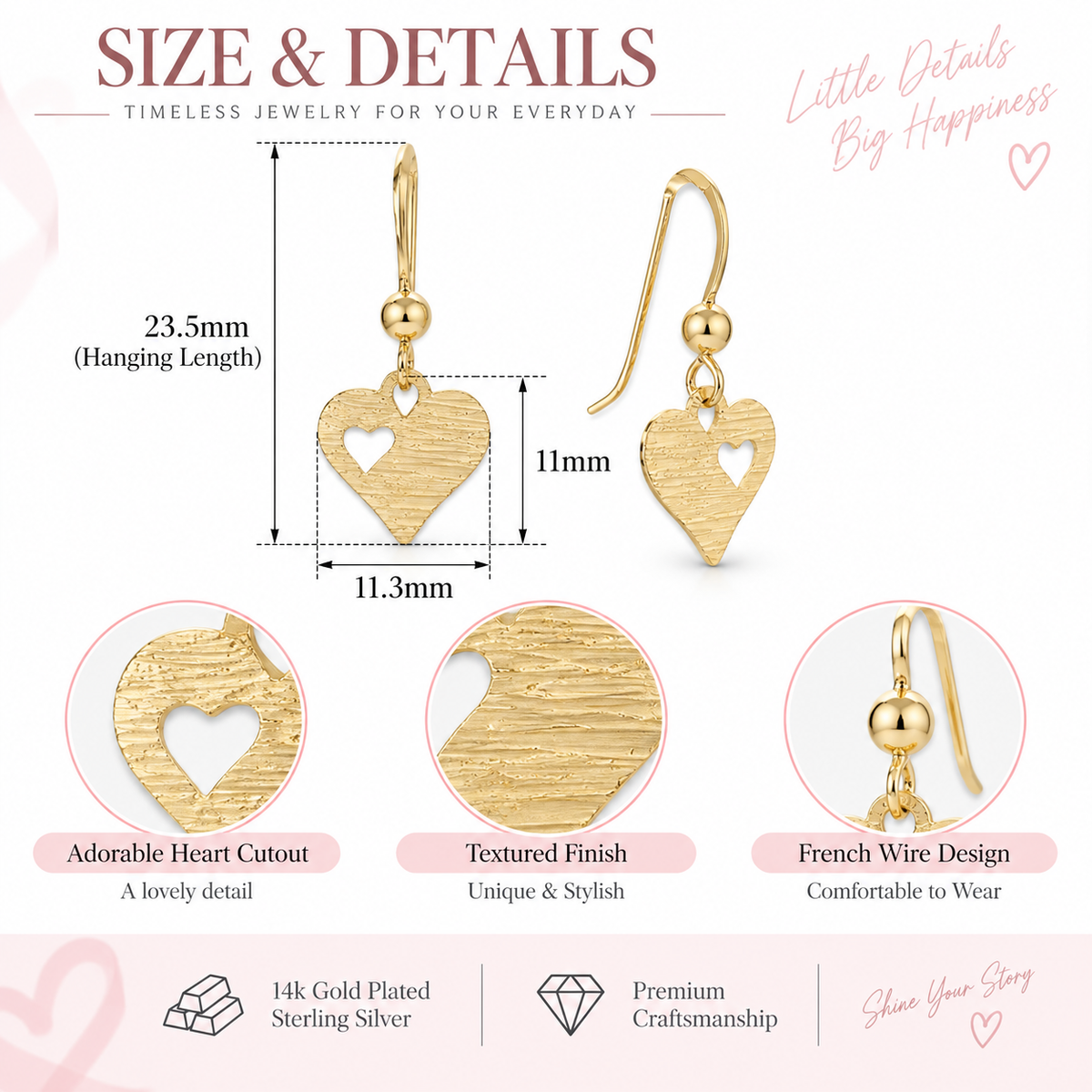 Laser Cut Heart French Wire Earrings 14K Gold Plated 925 Sterling Silver 23.5mm