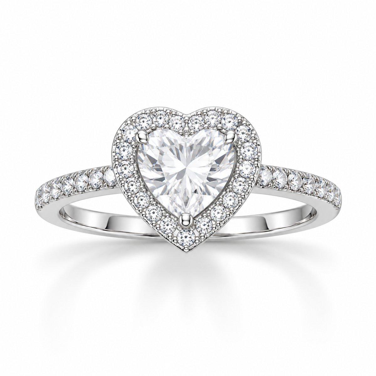 Rhodium Plated Prong Set 6mm Heart CZ Halo Ring 925 Silver 10x9.6mm 1.6mm Sizes 5-9