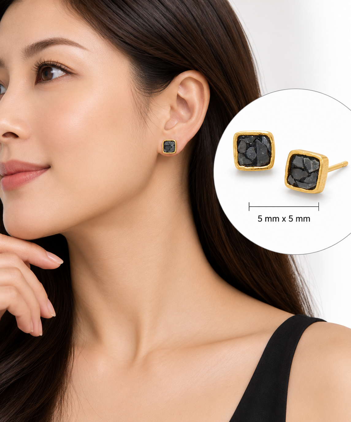 Natural Black Diamond Chip Stud Earrings 14K Gold Plated 925 Sterling Silver 5mm