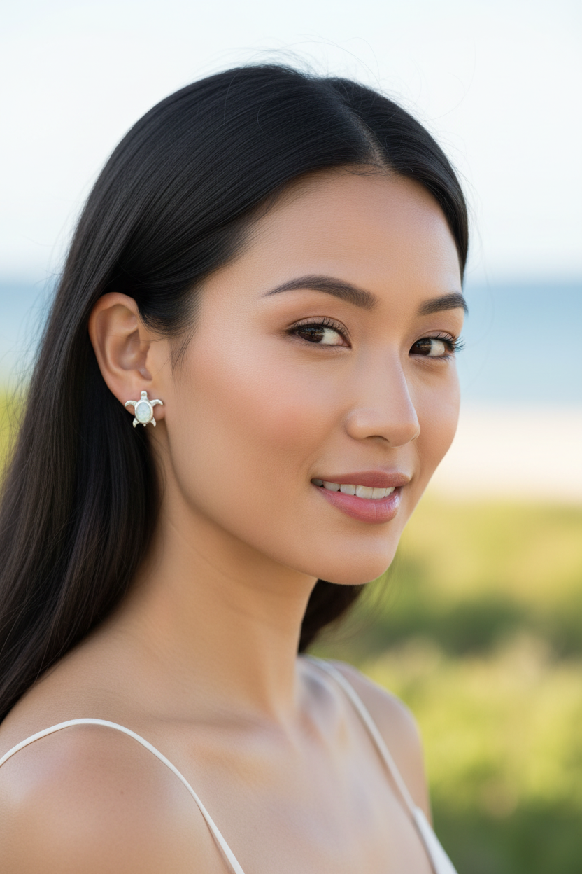 Asian model wearing turtle stud earrings