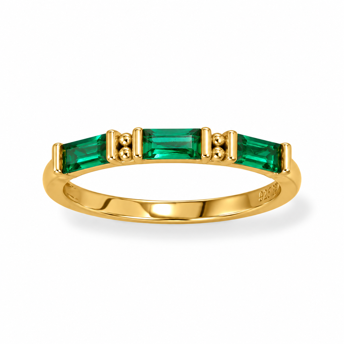 14K Gold Plated Emerald Green Baguette CZ Ring 2.5x5mm CZ 2mm Wide Sizes 6-9