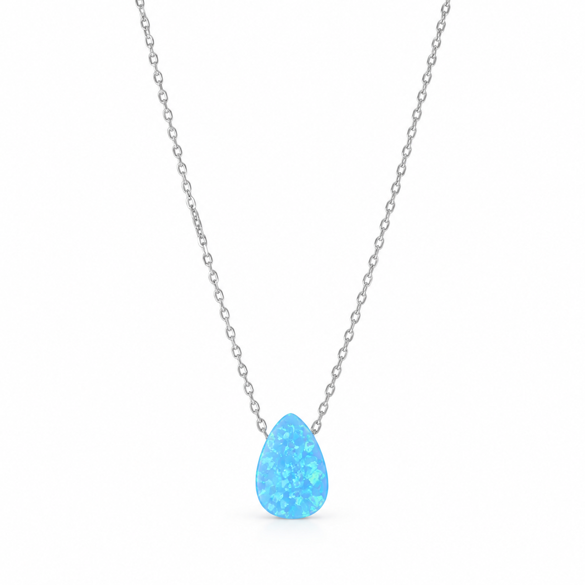 Blue Opal Pear Drop Necklace Rhodium 925 Silver Synthetic Floating 9x12mm 16+2in
