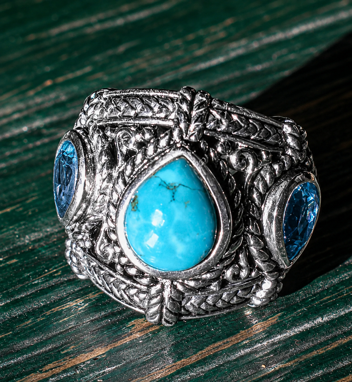 Pear Blue Topaz Turquoise 3-Stone Ring Oxidized 925 Sterling Silver Sizes 6-10