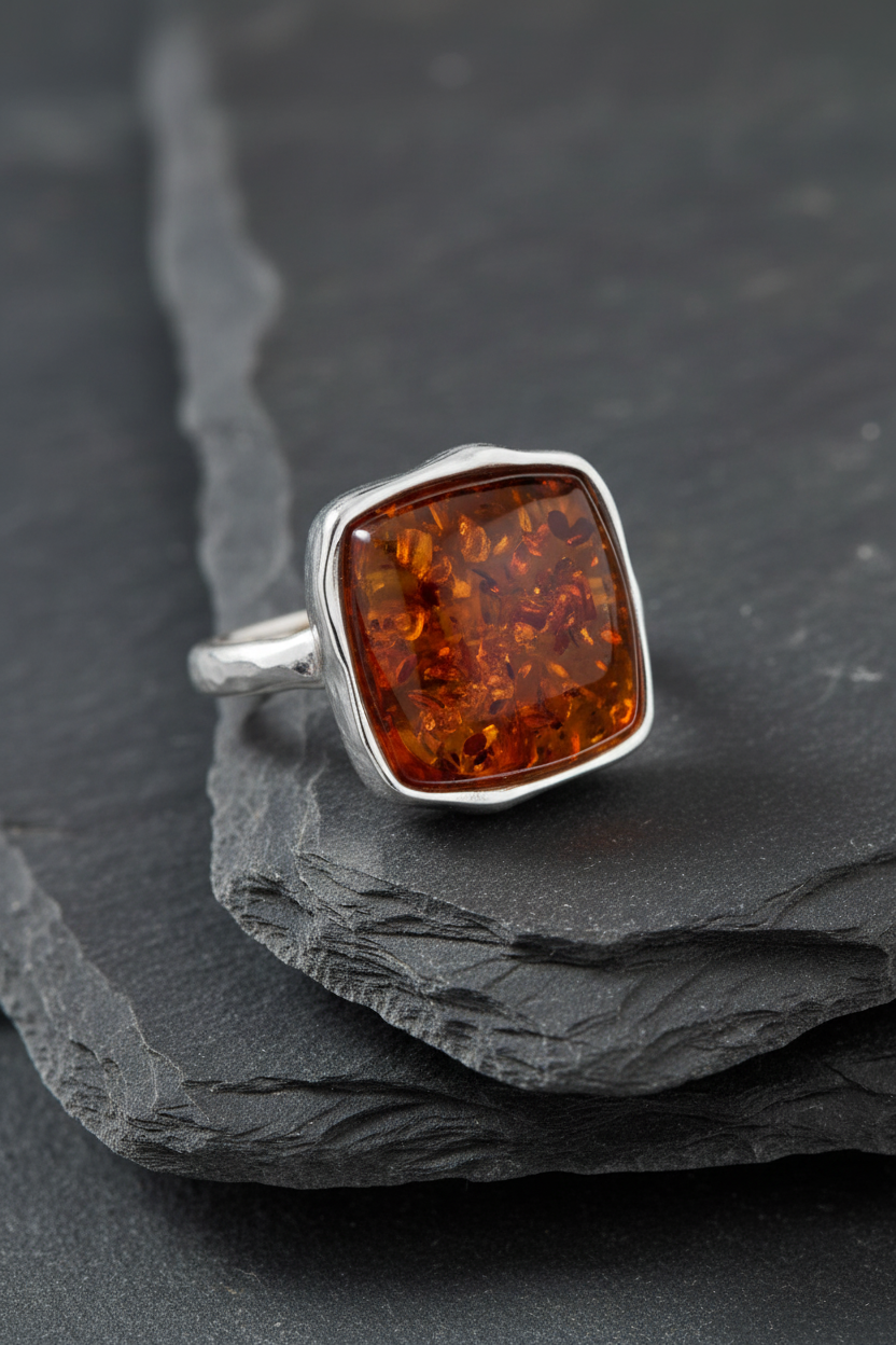 Baltic Amber Square Cushion Hammered Band Ring on Slate Background