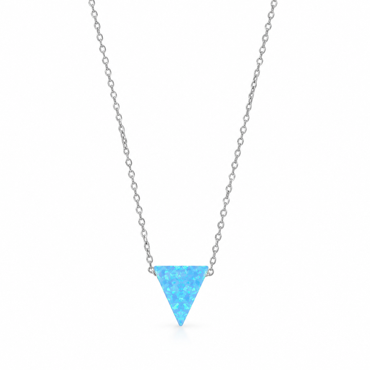 Blue Opal Triangle Necklace Rhodium 925 Silver Synthetic Floating 9.5x10.5mm 16+2