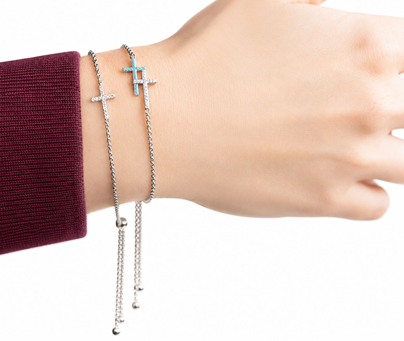 Double Cross CZ Bolo Bracelet Rhodium Plated 925 Silver Adjustable 9.5in